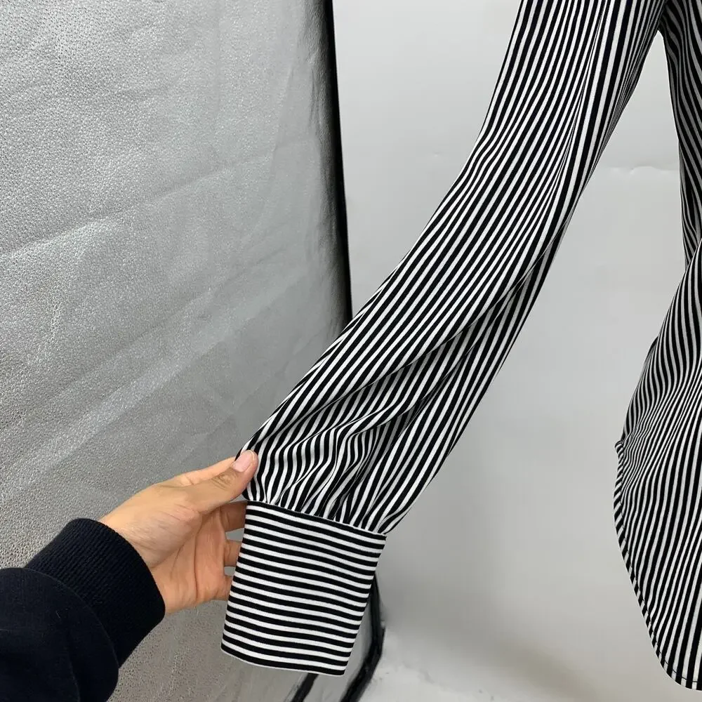 Ann Taylor Top Women XS Extra Small White Black Striped Long Sleeve Button Cuff